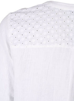 Zizzi Bomullsblus med broderie anglaise och trekvartsärm, Bright White, Packshot image number 3