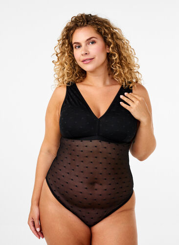 Zizzi Bodystocking med prickig mesh och avtagbara kuddar, Black, Model image number 0