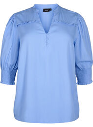 Blus i viskos med smock- och volangdetaljer, Cornflower Blue