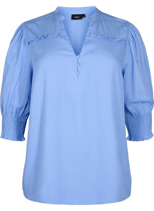 Zizzi Blus i viskos med smock- och volangdetaljer, Cornflower Blue, Packshot image number 0