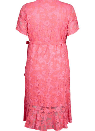 Zizzi Omlottklänning med spets och korta ärmar, Pink Carnation, Packshot image number 1