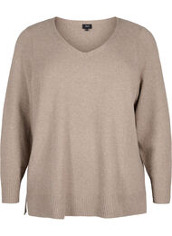 Stickad blus med V-ringning, Desert Taupe Melange