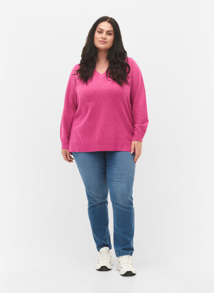 Zizzi Melerad pullover med V-ringning, Rose V. w. White Mel, Model image number 2