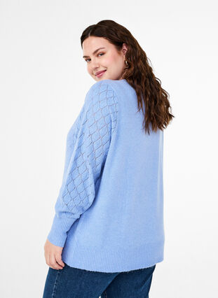 Zizzi Stickad blus med spetsmönster, Cornflower Blue Mel., Model image number 1