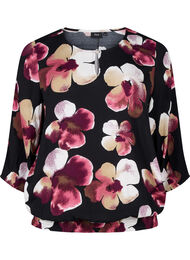 Blus i viskos med tryck och smock, Black Pink FlowerAOP