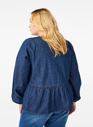 Zizzi Peplum blus i denim med knytband, Dark Blue Denim, Model image number 1