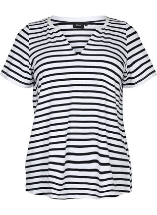 Zizzi Bomulls t-shirt med ränder och v-ringning, B. White/Bl. Stripes, Packshot image number 0