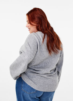 Zizzi Stickad blus med rund halsringning och mittsöm, Light Grey Melange, Model image number 1