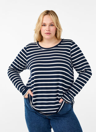 Zizzi Långärmad blus med ränder, Evening Blue Stripe, Model image number 0