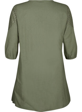 Zizzi Klänning i bomullsblandning med linne och virkade detaljer, Deep Lichen Green, Packshot image number 1