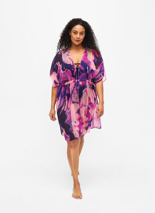 Zizzi Strandkimono med tryck, Purple Swirl, Model image number 2