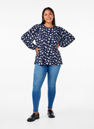 Zizzi Blus med långa ärmar och blommigt tryck, Night Sky AOP, Model image number 2