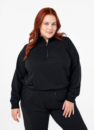 Zizzi Sweatshirt med hög hals och dragkedja, Black, Model image number 0