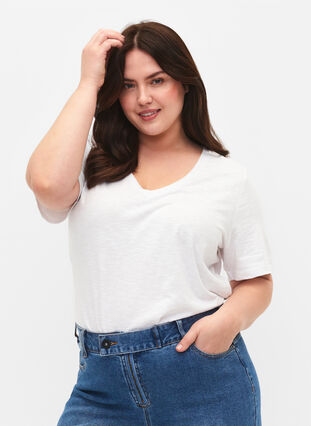Zizzi V-ringad bas t-shirt med korta ärmar, Bright White, Model image number 0