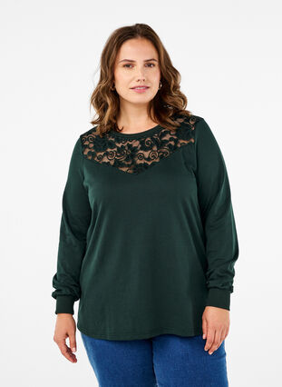 Zizzi Sweatshirt med spetsdetaljer, Scarab, Model image number 0