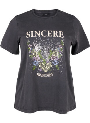 Zizzi T-shirt i ekologisk bomull med tryck, D.Grey Wash Sincere, Packshot image number 0