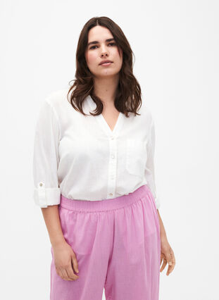 Zizzi Skjortblus med knappstängning i bomulls- och linneblandning, Bright White, Model image number 0