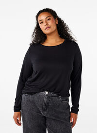 Långärmad blus i ull och viskos, Black, Model