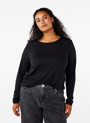 Zizzi Långärmad blus i ull och viskos, Black, Model image number 0