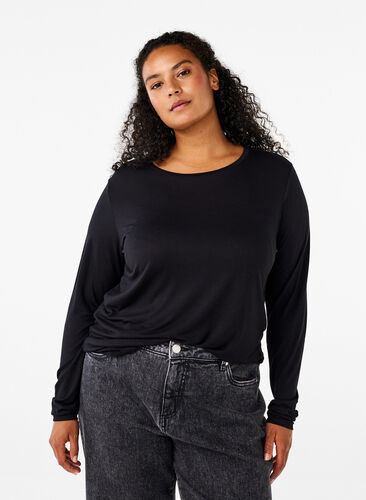 Zizzi Långärmad blus i ull och viskos, Black, Model image number 0