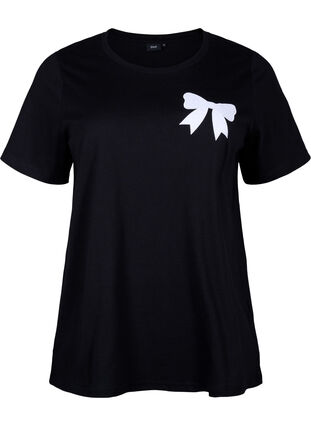 Zizzi T-shirt i bomull med fluga, Black W. White, Packshot image number 0