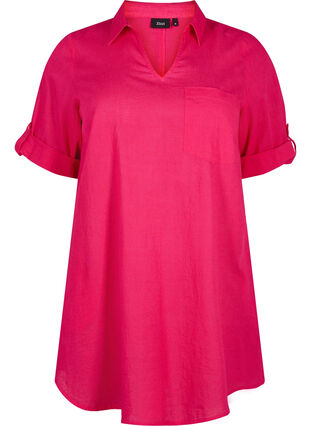 Zizzi Kortärmad tunika i bomullsblandning med linne, Bright Rose, Packshot image number 0