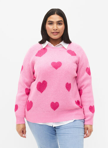 Zizzi Pullover med hjärtan, B. Pink/Raspberry R., Model image number 0