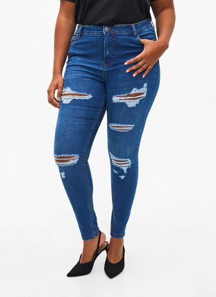 Zizzi Slim fit-jeans med nötta detaljer, Blue Denim, Model image number 2