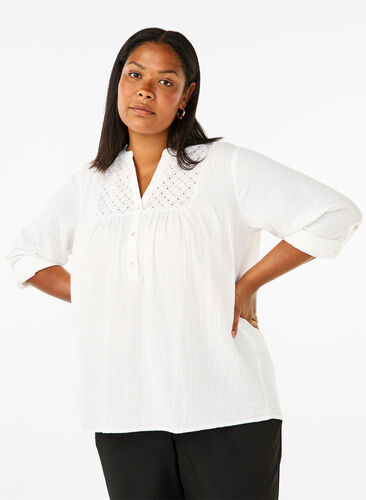 Zizzi Bomullsblus med broderie anglaise och trekvartsärm, Bright White, Model image number 0