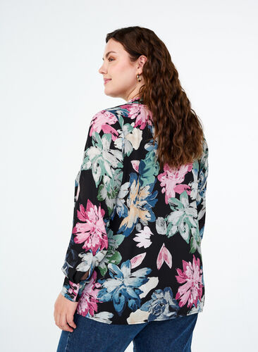 Zizzi Långärmad blus med blommigt tryck, Rose Flower AOP, Model image number 1