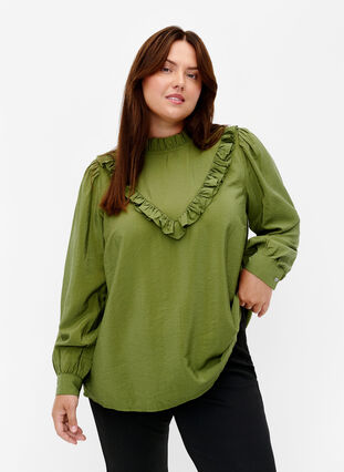 Zizzi Viskosblus med volanger, Loden Green, Model image number 0