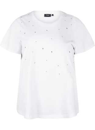 Zizzi T-shirt i bomull med strasstenar, Bright White, Packshot image number 0