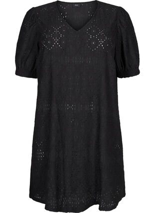 Zizzi Kort klänning med v-ringning i halsen och hålmönster, Black, Packshot image number 0