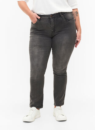 Zizzi Slim fit Emily jeans med normalhög midja, Dark Grey Denim, Model image number 2