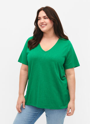 Zizzi Kortärmad enkel t-shirt med v-ringning, Jolly Green, Model image number 0