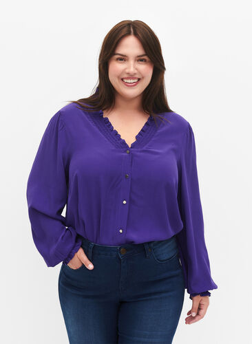 Zizzi Långärmad skjortblus i viskos, Heliotrope, Model image number 0