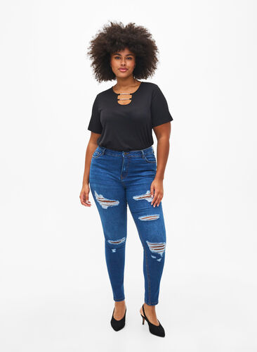 Zizzi Slim fit-jeans med nötta detaljer, Blue Denim, Model image number 0
