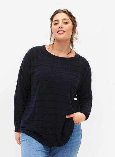 Zizzi Stickad blus med ton-i-ton ränder, Navy Blazer, Model image number 0