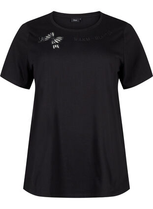 Zizzi T-shirt i ekologisk bomull med rosettdetalj, Black, Packshot image number 0