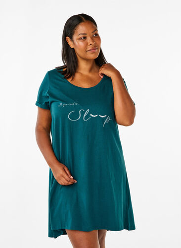 Zizzi Kortärmad nattlinne i ekologisk bomull , Deep Teal Sleep, Model image number 0