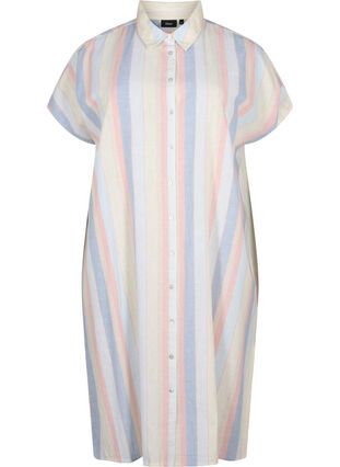 Zizzi Lång skjorta i bomullsblandning med linne, Multi Color Stripe, Packshot image number 0