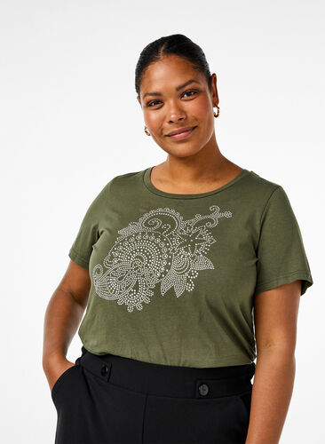 Zizzi T-shirt i bomull med strassmotiv, Thyme w. Rhinestones, Model image number 0