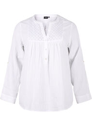 Bomullsblus med broderie anglaise och trekvartsärm, Bright White