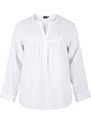 Zizzi Bomullsblus med broderie anglaise och trekvartsärm, Bright White, Packshot image number 0