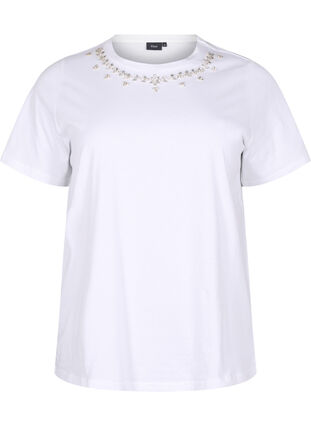 Zizzi T-shirt med rund hals och strasstenar, Bright White, Packshot image number 0