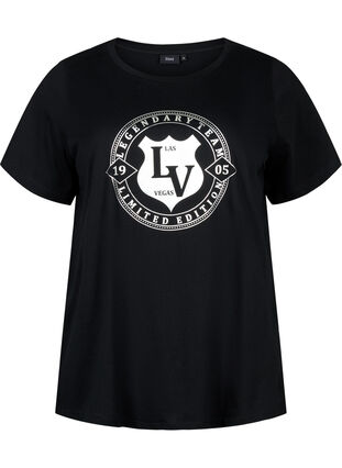 Zizzi T-shirt i ekologisk bomull med tryck , Black W. Silver LA, Packshot image number 0