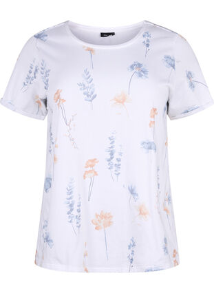 Zizzi T-shirt i ekologisk bomull med blommigt tryck, White W. Blue flower, Packshot image number 0