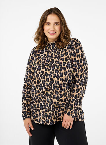 Zizzi FLASH - Långärmad blus med turtleneck, Leopard Print , Model image number 0