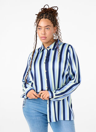 Zizzi Randig satinskjorta med krage, Blue Stripe, Model image number 0