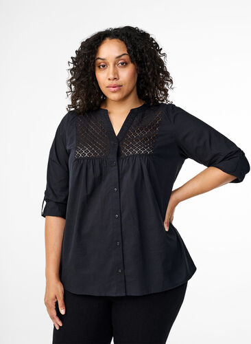 Zizzi FLASH – Skjorta med virkad detalj, Black, Model image number 0